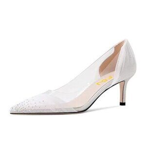 FSJ Women's Rhinestones Clear Low Kitten Heel Pumps Transparent Studded Pearls